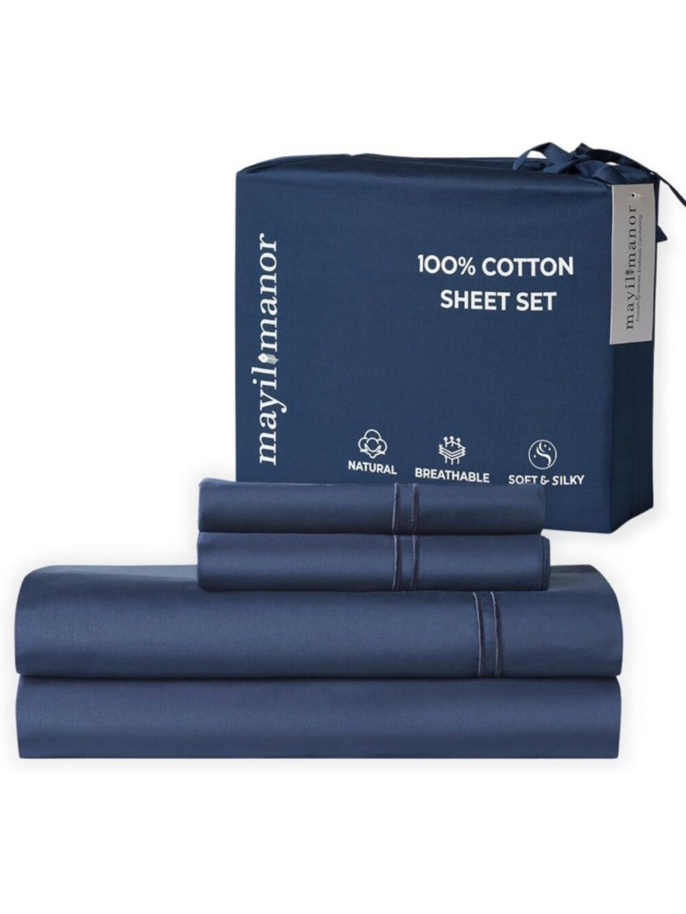 Luxurious 500 TC Cotton Sateen Full Size Sheet Set - 4-Piece Navy Blue Bedding